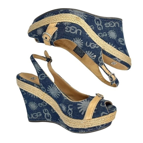 UGG NOELLA Y2K DENIM LOGO PEEP TOE SLINGBACK ESPADRILLE WEDGE HEELS - Picture 7 of 12